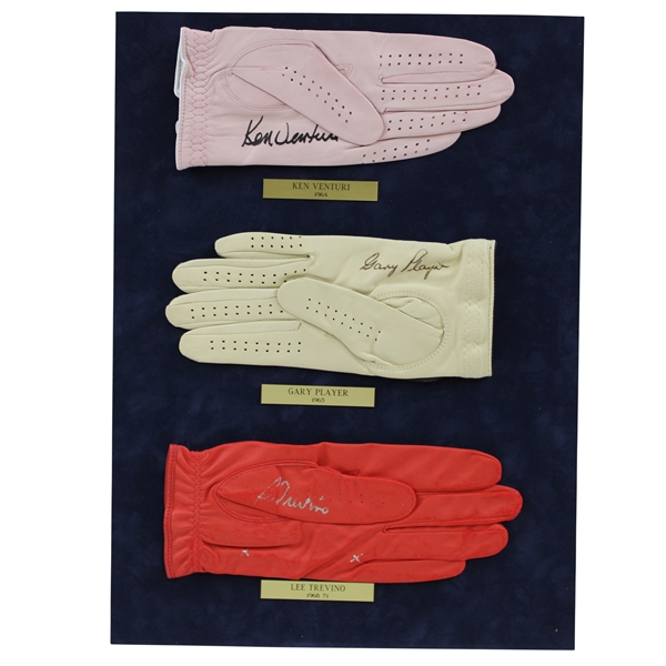 Ken Venturi, Gary Player & Lee Trevino Signed Golf Glove Display with Dated Nameplates JSA ALOA