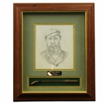Original Old Tom Morris Pencil Drawing by Artist Bill Waugh w/Miniature Handmade Club - Framed