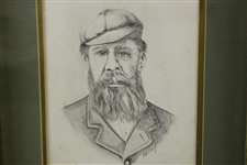 Original Old Tom Morris Pencil Drawing by Artist Bill Waugh w/Miniature Handmade Club - Framed