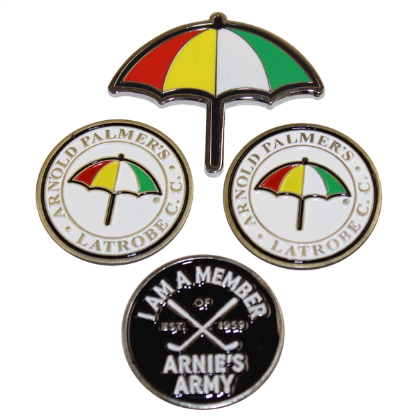 Four (4) Arnold Palmer Ball Markers - Umbrella, Latrobe (x2) & I Am A Member of Arnies Army