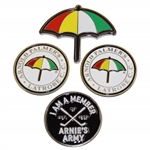 Four (4) Arnold Palmer Ball Markers - Umbrella, Latrobe (x2) & I Am A Member of Arnies Army