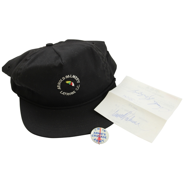 Arnold Palmer Signed Cut with Arnies Crusade Army Pin & Black Latrobe Hat