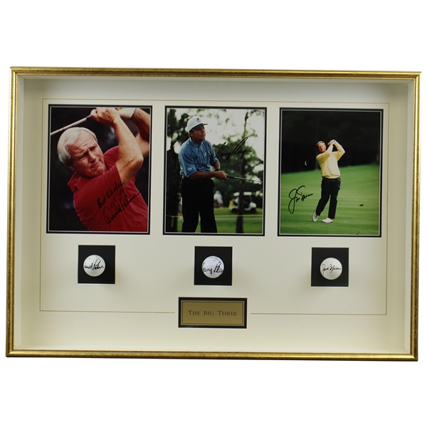 Nicklaus, Palmer, & Player Signed Golf Balls & Photos in Framed Shadow Box JSA ALOA