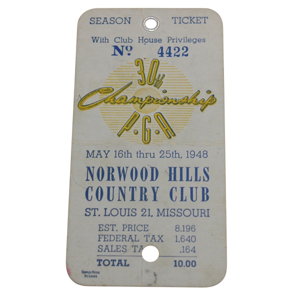 1948 PGA Championship at Norwood Hills CC Series Ticket - Ben Hogans 2nd Major Win!