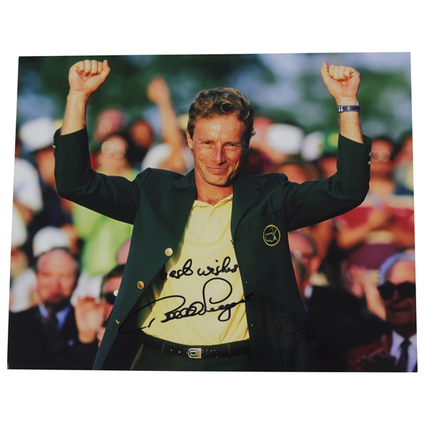 Bernhard Langer Signed Photo at 1993 Masters Celebrating With Green Jacket JSA ALOA