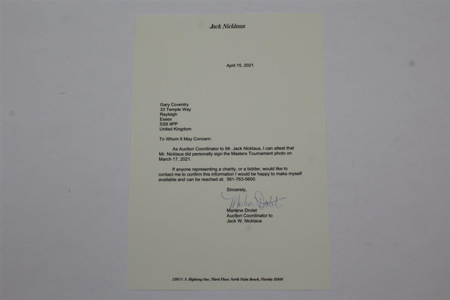 Jack Nicklaus Signed Photo 1975 Masters Winner with Letter - JSA ALOA