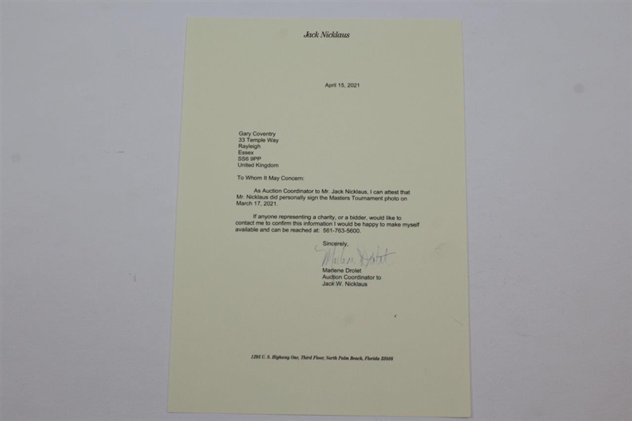 Jack Nicklaus Signed Photo Masters Green Jacket with Letter - JSA ALOA
