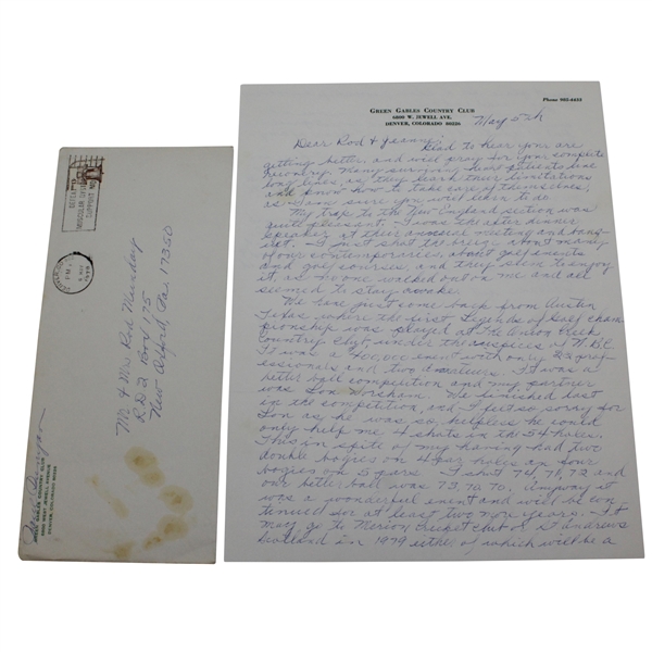 Paul Runyan Signed Handwritten Letter on Green Gables CC Letterhead with Envelope JSA ALOA