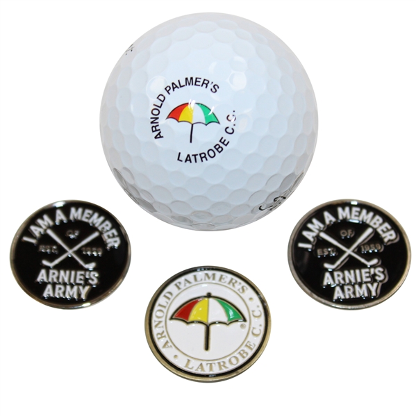 Four (4) Arnold Palmer Items -  Latrobe & Member of Arnies Army(x2) Ball Markers Plus Logo Golf Ball