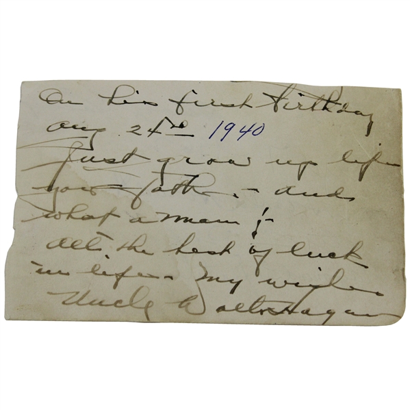 Walter Hagen Signed Handwritten Note to Nephew on Birthday - Signed Uncle Walter Hagen JSA ALOA