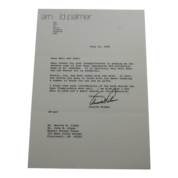 Arnold Palmer Signed July 31, 1995 Letter To Mort Olman on Personal Letterhead JSA ALOA