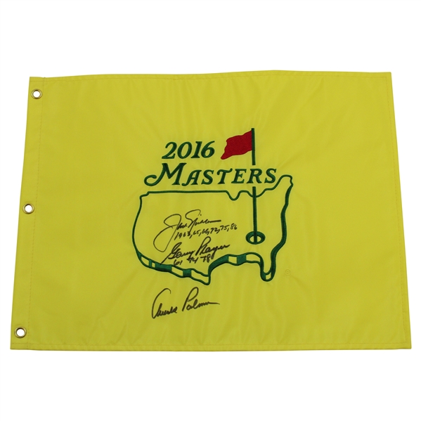 Arnold Palmer, Jack Nicklaus (Dates) & Gary Player (Dates) Big 3 Signed 2016 Masters Embroidered Flag JSA ALOA