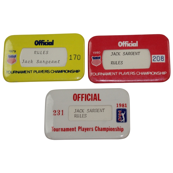 Three of Jack Sargents Offical Badges for Tournament Players Championship - 1979, 1980, & 1981