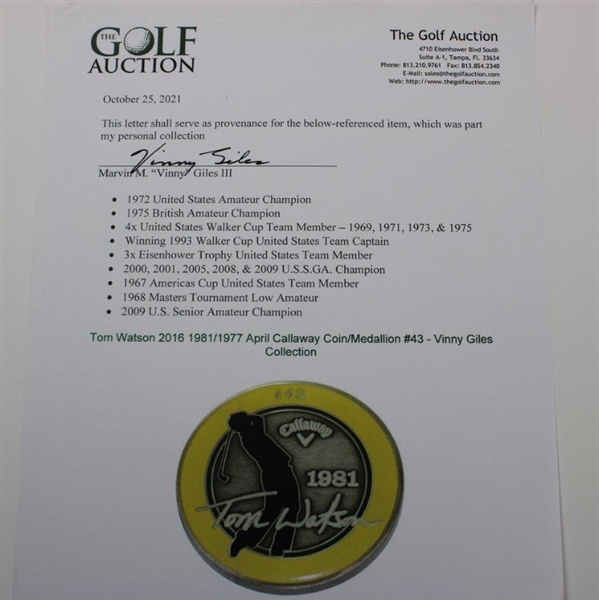 Tom Watson 2016 1981/1977 April Callaway Coin/Medallion #43 - Vinny Giles Collection