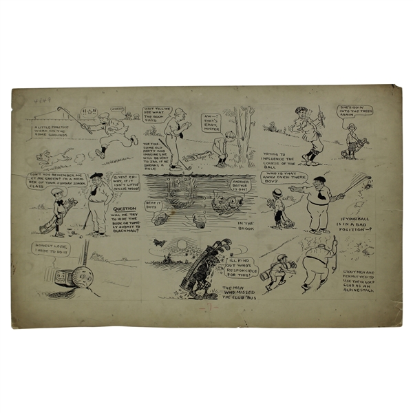Original Clare Briggs Pen & Ink 9 Cell Cartoon Strip Featuring Golfer and Young "Willie Wood" 