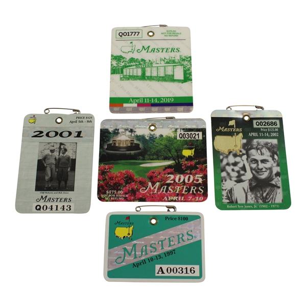 All Five (5) Tiger Woods Masters Tournament SERIES Badges - 1997, 2001, 2002, 2005 & 2019