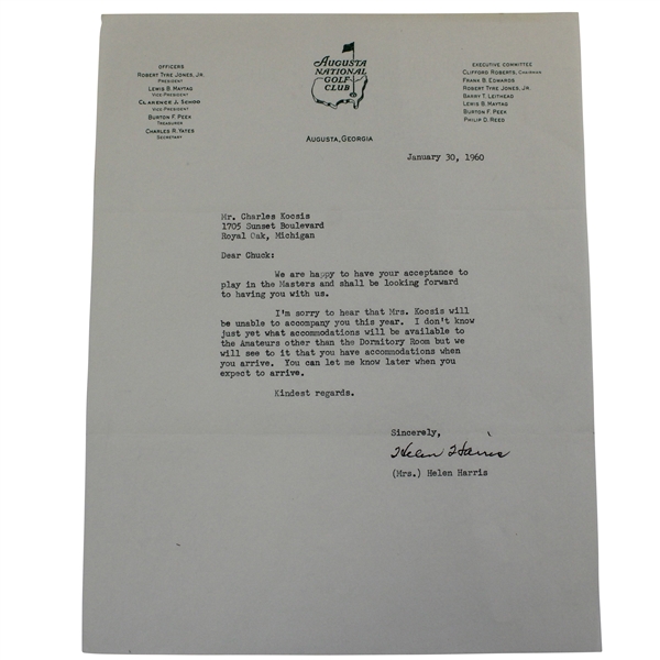 Augusta National Golf Club 1960 Letter to Chuck Kocsis from Mrs Helen Harris - Crows Nest Content!