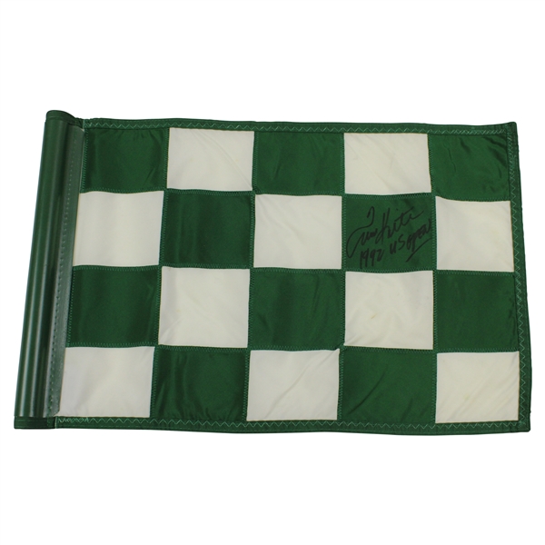 Tom Kite Signed Pebble Beach Green/White Course Flag with 1992 US Open Inscription JSA ALOA