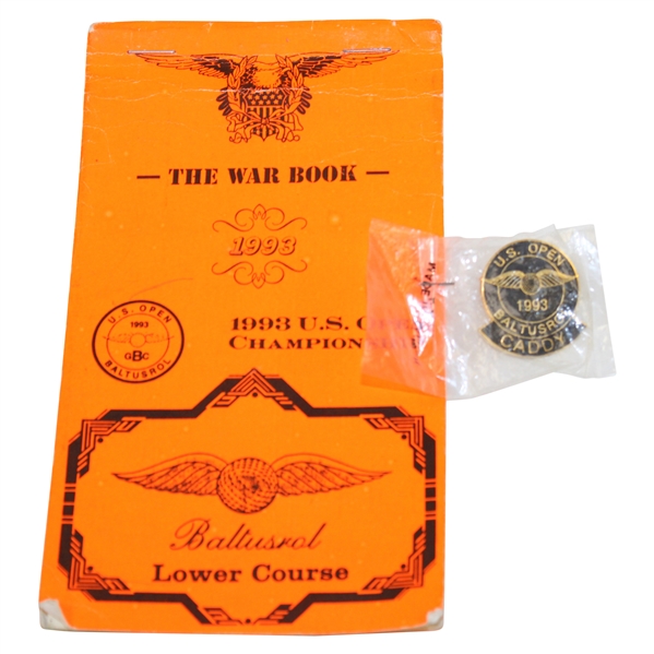 1993 US Open at Baltusrol Match Used Yardage Book with Gifted Caddy Pin - Fulton Allem Bag - Bob Burns Collection
