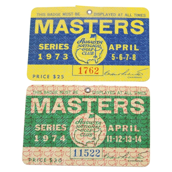 1973 & 1974 Masters Tournament SERIES Badges #1762 & #11522 - Tommy Aaron & Gary Player Winners