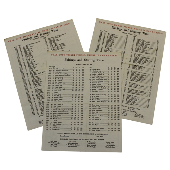 1966 Masters Tournament Thursday, Friday, & Saturday Pairing Sheets - Jack Nicklaus Winner