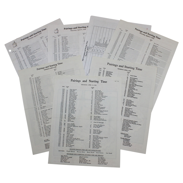Seven (7) Masters Tournament Thursday Pairing Sheets - 1984, 1989, 1990, 1992, 1995, 1998, & 2005