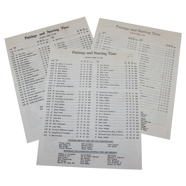 1987, 1988, & 1989 Masters Tournament Sunday Pairing Sheets