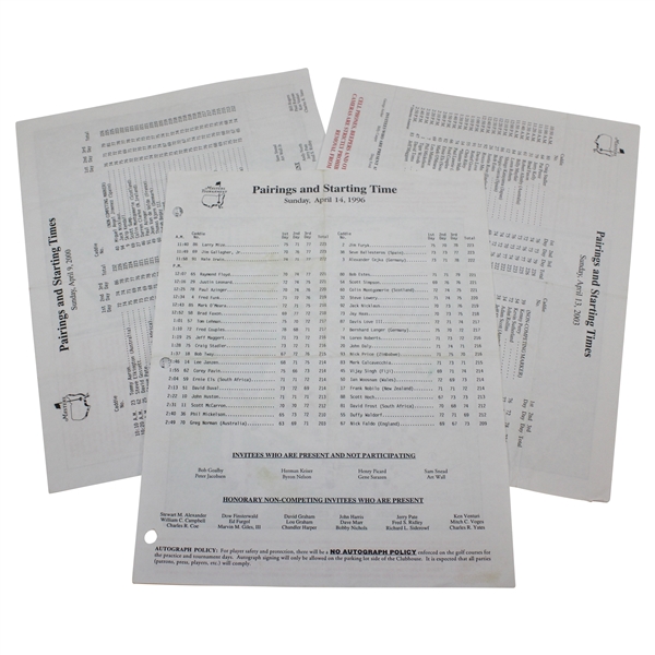 1996, 2000, & 2003 Masters Tournament Sunday Pairing Sheets