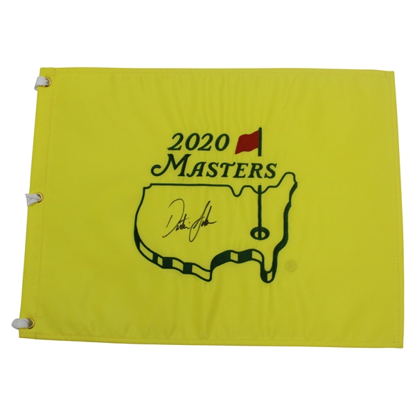 Dustin Johnson Signed 2020 Masters Embroidered Flag with Large Photo of Tiger Green Jacket Presentation JSA ALOA