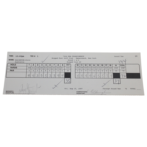 Payne Stewart Signed 1997 PGA Championship at Winged Foot Rnd 2 Scorecard with Steve Elkington JSA ALOA