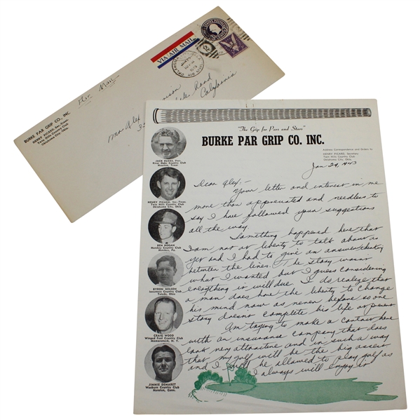 H.G. Picard Signed Handwritten Letter To Alex Morrison on 1943 Burke Par Grip Co. Inc. Letterhead JSA ALOA