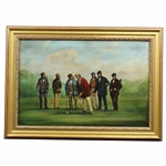 Original Oil on Canvas Painting of 6 Golfers Watching Red Jacket Golder Tee Off - Framed