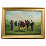 Original Oil on Canvas Painting of 6 Golfers Watching Red Jacket Golfer Tee Off - Framed