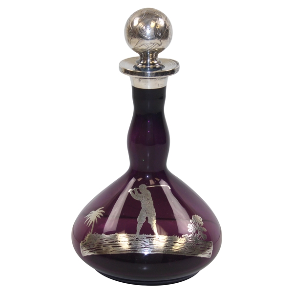 Purple Golf Themed Sterling Overlay on Glass Decanter with Bulbous Bottom