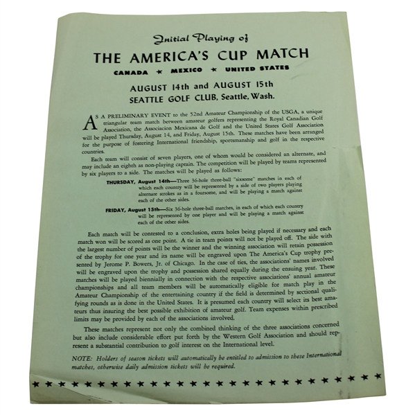 1952 The Americas Cup Match Inaugural Year Information Sheet