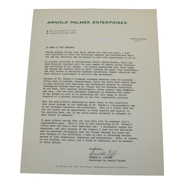 Donald Doc Giffin Signed 1972 Job Reference Letter For Patty Aikens JSA ALOA