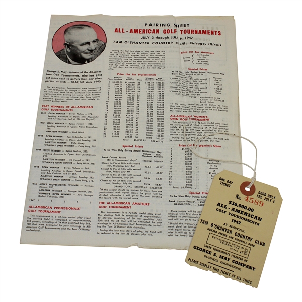 1947 All-American Golf Pairing Sheet & Ticket - Bobby Locke Win - Joe Louis Played