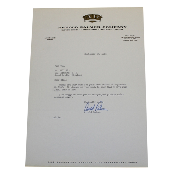 Arnold Palmer 1963 Signed Letter on Arnold Palmer Co. Letterhead JSA ALOA