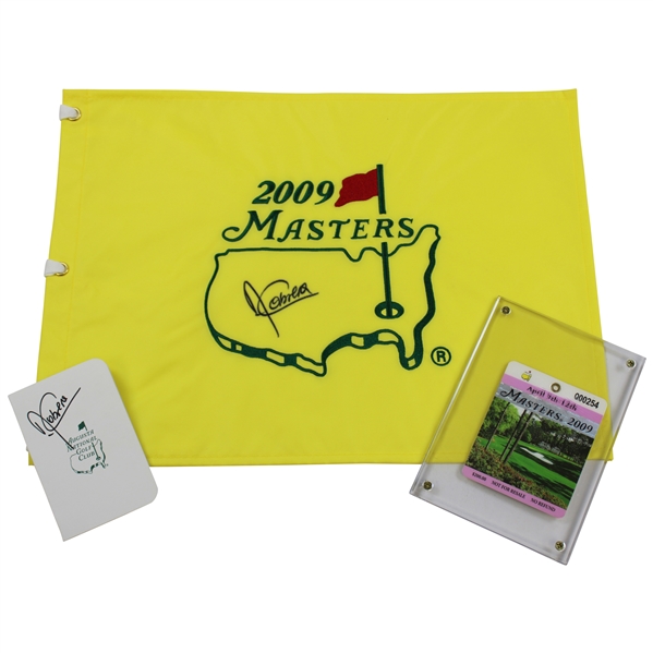 Angel Cabrera Signed 2009 Masters Flag & ANGC Scorecard with 2009 Masters SERIES Badge JSA ALOA