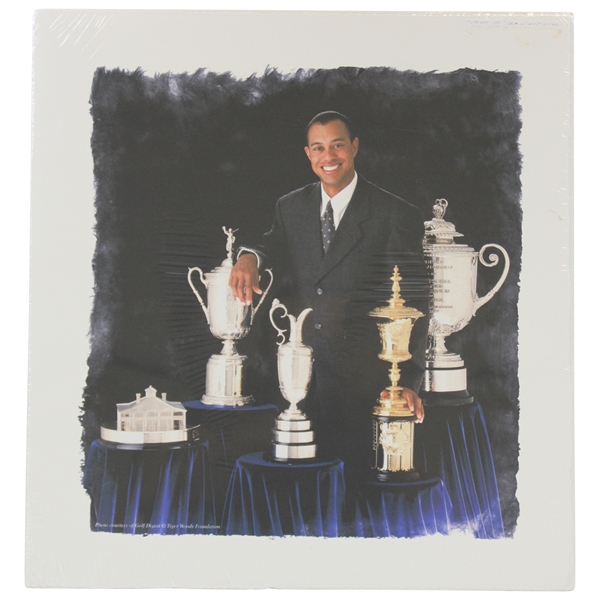 Tiger Woods with Major Trophies & US Am Trophy Large Golf Digest Matted Color Photo
