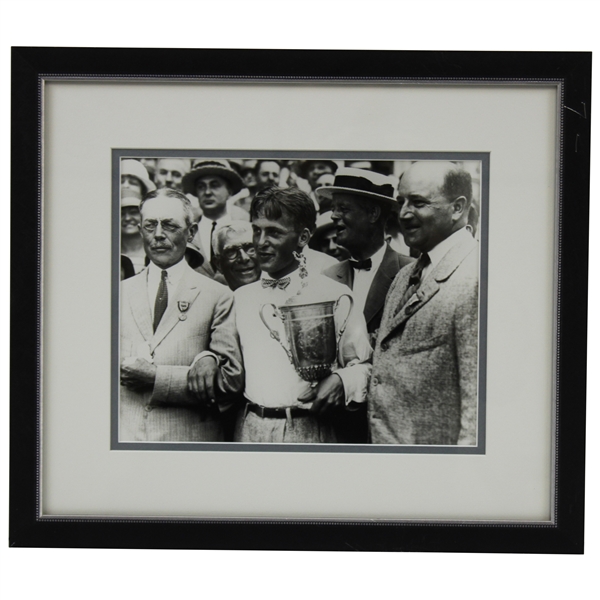 Bobby Jones Holding US Open Trophy with Arms Locked Black & White Photo - Framed