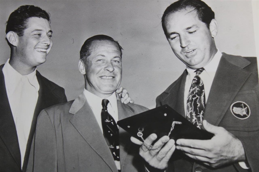 Bobby Jones, Claude Harmon & Cary Middlecoff at 1948 Masters Looking at Plaque Wire Photo