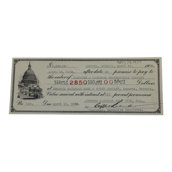 1934 Augusta National GC Promissory Check No. 140 Signed by Clifford Roberts JSA ALOA