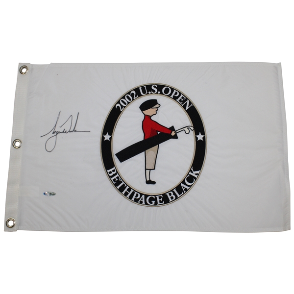 Tiger Woods Signed 2002 US Open at Bethpage Black Embroidered Flag UDA #BAJ15441