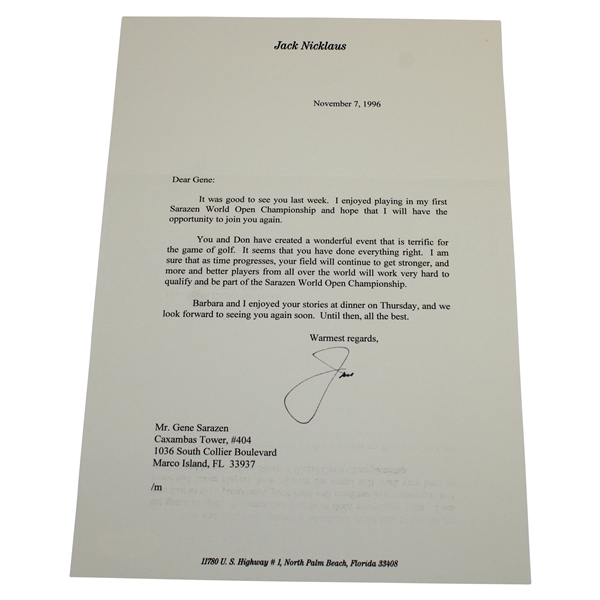 Jack Nicklaus Signed November 7, 1996 Letter to Gene Sarazen on Jack Nicklaus Letterhead JSA #Q49478