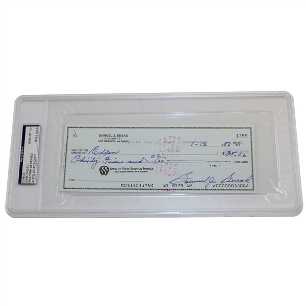 Sam Snead Signed 1/12/1987 Personal Check to Exxon PSA/DNA 83511556 GEM MT 10