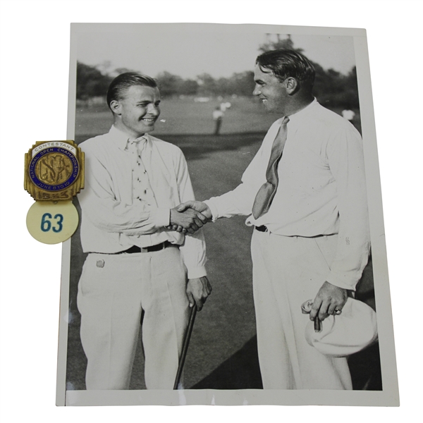 Champion Johnny Goodmans Purported 1933 US Open Contestant Badge #63 with Wire Photo