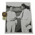 Champion Johnny Goodmans Purported 1933 US Open Contestant Badge #63 with Wire Photo