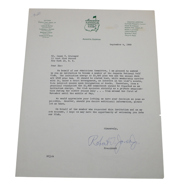 Bobby Jones Signed 1960 Augusta National Invitation to Past USGA President Isaac Grainger JSA ALOA