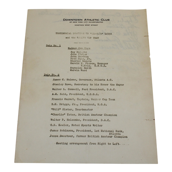 Mulit-Signed 1938 Walker Cup Luncheon Sheet - Ouimet, Keeler, Yates, Sweetser, & others JSA ALOA